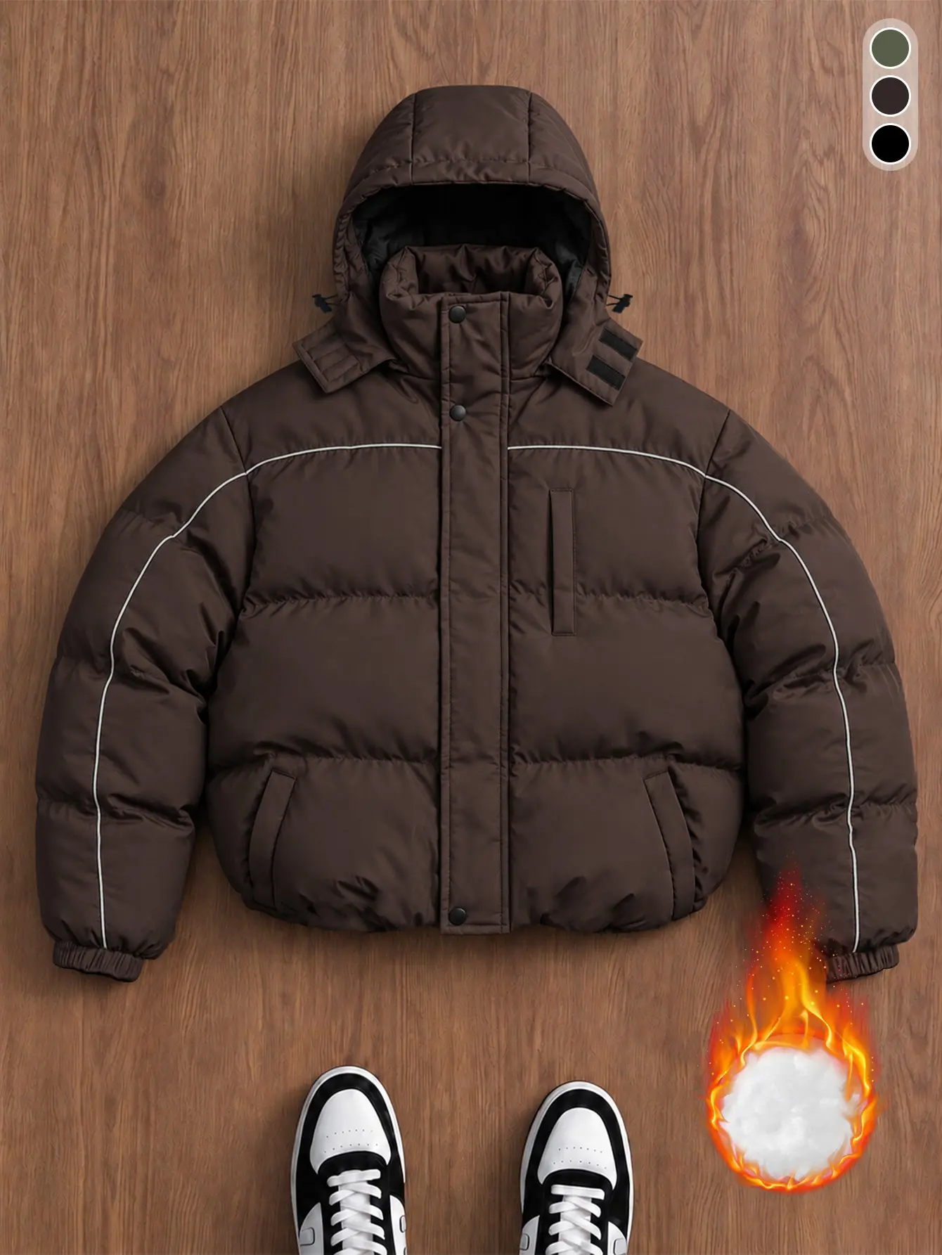 Men Brown Line Decor Hooded Puffer Jacket Drawstring Hood Snap Placket Winter Thick Warm Bubble Coat