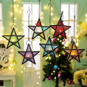 Elegant European Vintage Iron Art Candle Holder with Colorful Glass Star Design, Windproof Hanging Decor for Home Bar Restaurant Gift, Interior Wall Decor, Vintage Candle Stand, Interior Decoration Accessories, Decoration Items