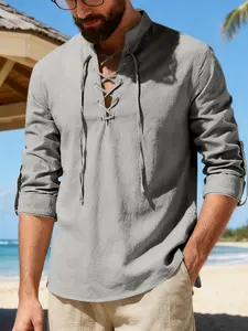 Men's Linen Casual Drawstring Long Sleeve Shirt, Spring Summer Fashion, Comfortable and Stylish, Perfect for Daily Wear