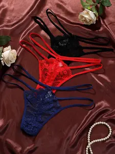 3-Piece Floral Lace Women's Thong Set, Sexy Cute Soft Comfortable Breathable Skin-Friendly Lingerie, Lingerie Underwear, Soft Breathable Panties
