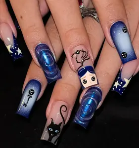 AuréNails - Coraline Movie Press On Nails, Handmade 3D Nail Art With Blue Hair Girl, Black Cat & Button Eyes, Movie Inspired Halloween Nails