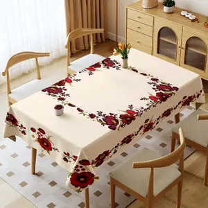 1 Piece Polyester Tablecloth, Multiple Specifications Available, Multicolor, Thickened, Waterproof & Oil - resistant, Washable, Suitable for Home & Outdoor Use, Cream - colored with Red Floral Patterns, Creating a Warm Dining Atmosphere