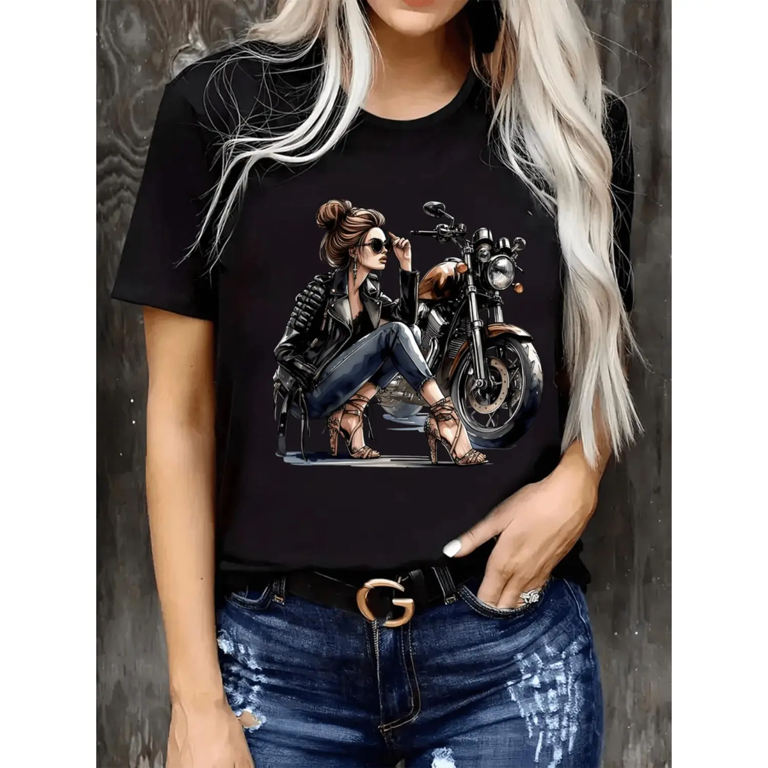 Retro Motorcycle Graphic T-Shirt for Women - Elegant Curvy Design, Pink Tee with Stylish Woman & Motorcycle Print, Perfect for Summer Outfits, Parties, and Casual Wear, Motorcycle T Shir