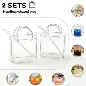Creative Handbag Shaped Glass Cup Set, 2-Piece High Borosilicate Transparent Drinking Cups, Curved Glass Straw, Multifunctional Cold Drinkware