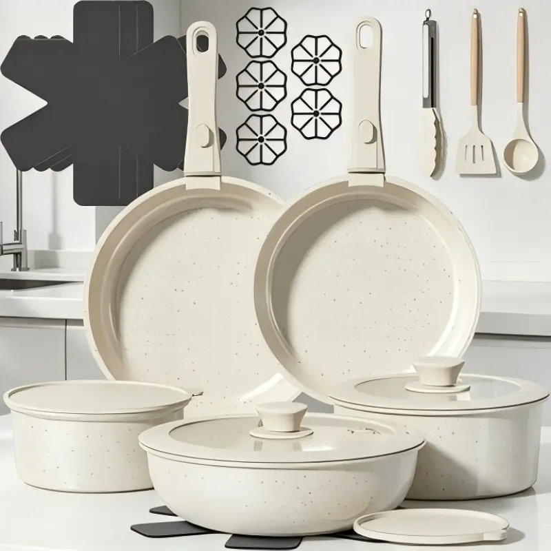 23-piece cream white non-stick ceramic cookware set with detachable handles! Non-toxic, oven safe, and induction compatible. Perfect for home kitchens, RVs, and small spaces. PFAS, PFOA and PTFE free.