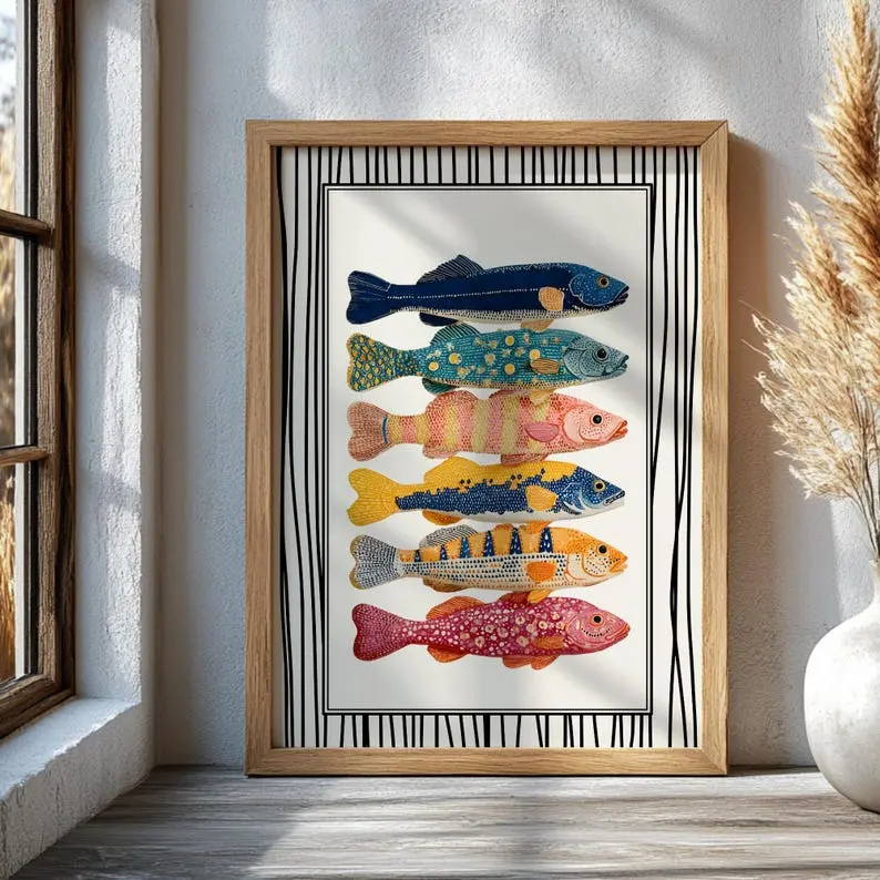 Colorful Thin-Striped Fish Print, Aesthetic Retro Coastal Nautical Decor, Vibrant Seafood Illustration Artwork for Kitchen Wall (Home Decor Poster), Back To School, Juneteenth