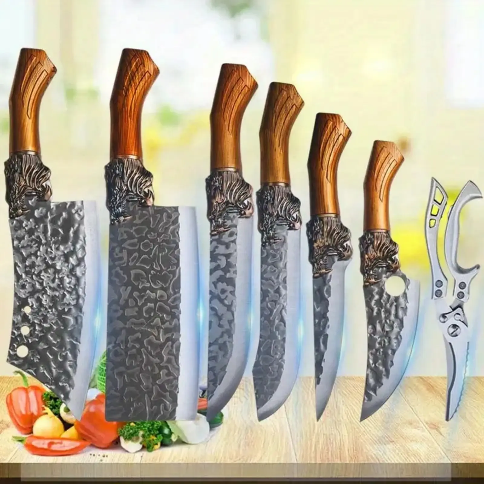 7-Piece Forged Professional Stainless Steel Chef Knives Set with Block - Ultra-Sharp Kitchen Cutlery for Cutting Meat, Fish - Includes Boning, Slicing, Carving, Filleting, Paring Knives & Premium Meat Bone Cleaver