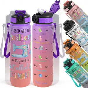1pc,32oz Water Bottle Blessed Are The Quilters Piecemakers Sewing Machine Design Durable  Leak-Proof 1000ml Time Marker Water Bottle - Shatter-Resistant for Sports, Fitness, Hiking & Outdoor Trave
