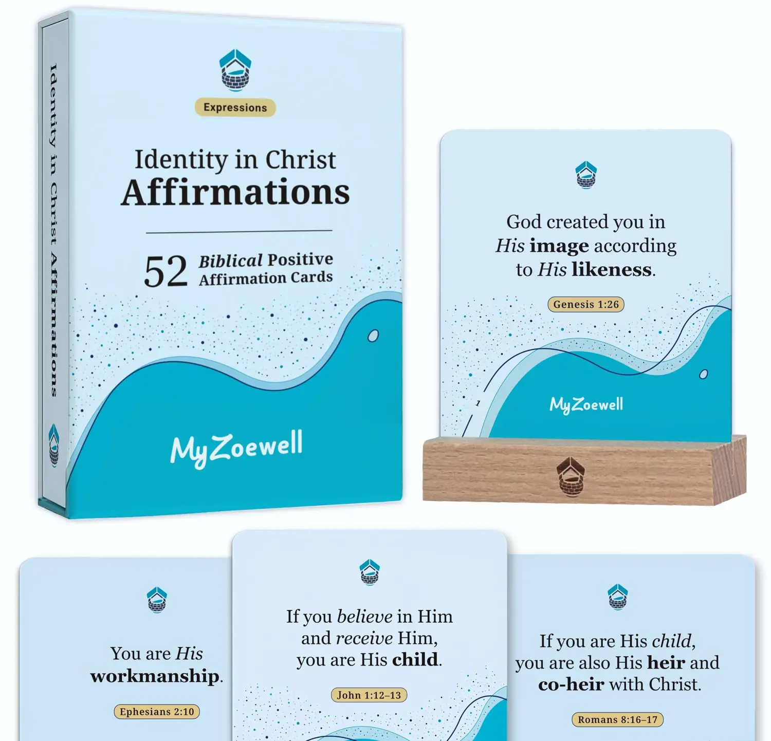 Identity in Christ Affirmations Christian Affirmation Cards: 52 Biblical Declarations + Wooden Stand + Keepsake Box | Christian Encouragement Cards | Daily Devotional Cards | God Says You Are Gifts for Women, Men, and Teens | Faith-Based Gifts