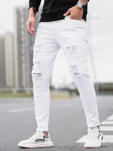 Men's Fashion Aesthetic Streetwear Stylish Ripped Hole Jeans Slim Fit Jeans Pants, Natural Mid Waist Casual Denim Jeans, Elastic Stretch, Button Fly, All Seasons, Daily Wear, Menswear