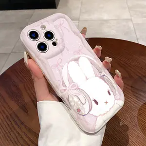 Cream Phone Case for iPhone 16 Pro Max 15 Plus 14 13 12 11 XS XR Rabbit with Bow and Headphones Pattern Curly Wave Frame Anti-Scratch Shockproof Soft Silicone Protective Cover Cellphone Casing