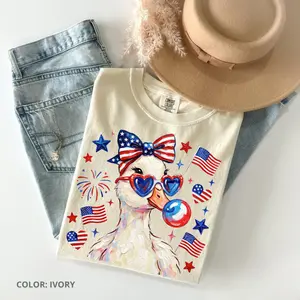 Comfort Colors Preppy Patriotic Goose T-Shirt, Coquette 4th of July Duck Shirt, Brushstroke Patriotic Graphic Tee, Cute Americana Summer Shirt Leopard