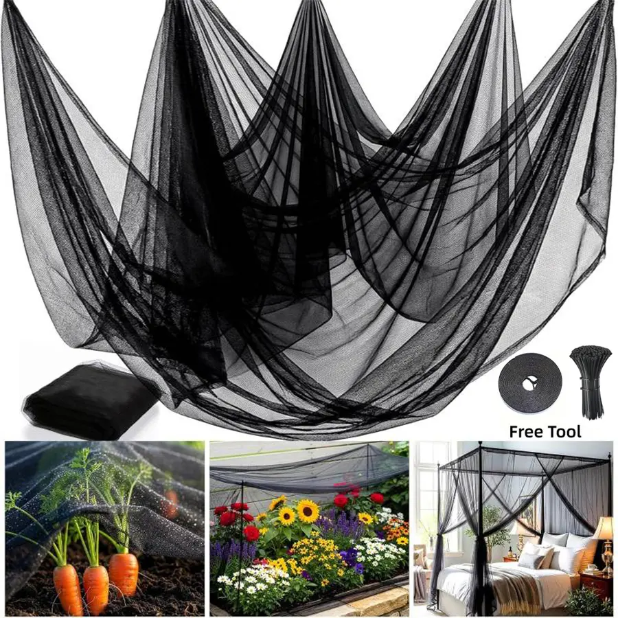 Multifunctional outdoor garden netting set featuring an ultra-fine mesh barrier; includes self-adhesive strips and cable ties—suitable for use on patios and balconies, or as insect and bird netting for fruit trees and vegetables.