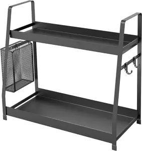 OROPY 2 Tier Spice Rack for Countertop, Height Adjustable Metal Standing Kitchen Storage Organizer Shelf, Counter Shelf for Cabinet,Pantry,Bathroom,Bedroom, with Hanging Basket Hangable