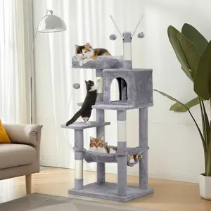 57-Inch Large Multi-Level Cat Tree, Kitten Tower with Sisal Hammock, Dangling Ball, Extended Platform for Cats’ Play and Sleep Needs