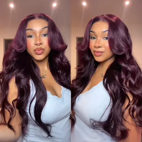 Cynosure Hair New Black Cherry Colored 13x6 Body Wave Lace Front Wigs Human Hair HD Lace Frontal Human Hair Wigs Pre plucked Pre bleached Small Knots With Baby Hair For Women