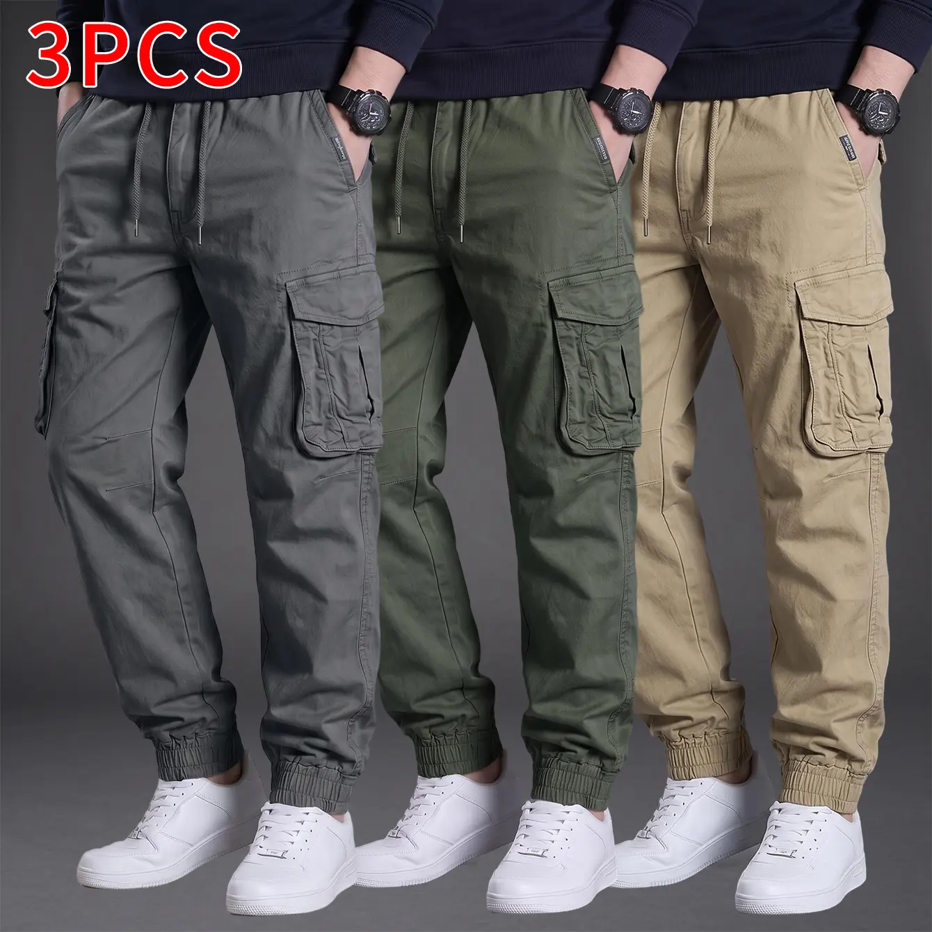 3-Pack Basic Cargo Jogger Pants for Men – 3D Design, Multiple Pockets, Elastic Waistband, Long Length, Ideal for Daily Commuting and Casual Wear