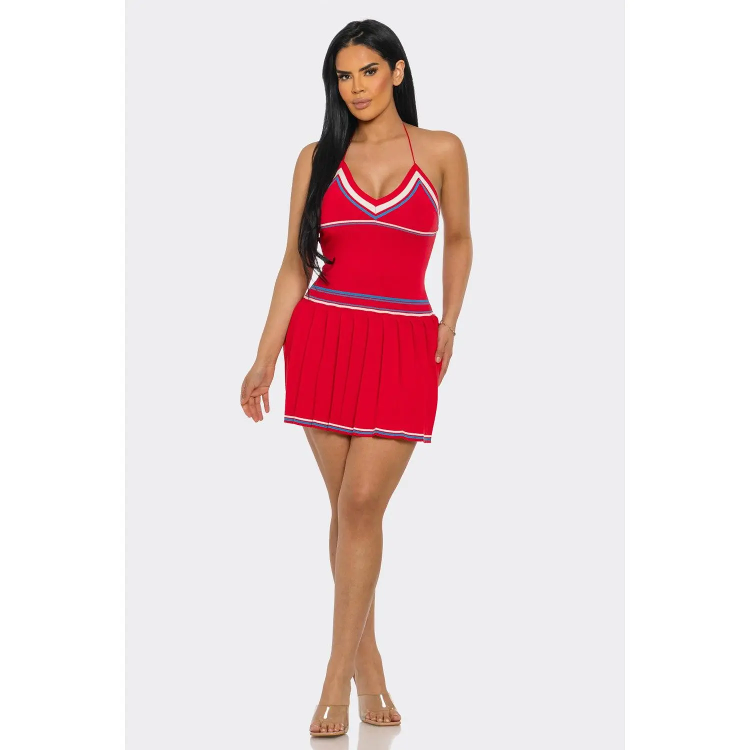 HALTER NECK CHEERLEADER STYLE MINI DRESS