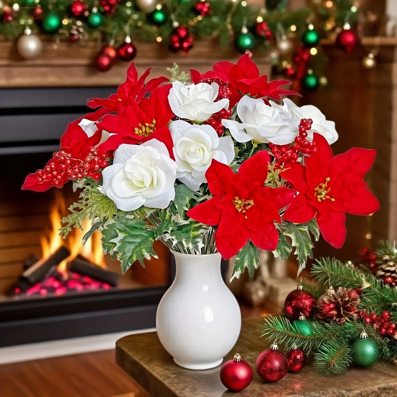 12-Piece Christmas Flower Bouquet Set, Velvet, Rose, Artificial Pine Needle Decorations for Holiday Centerpiece & Tabletop Display, Artificial Plants
