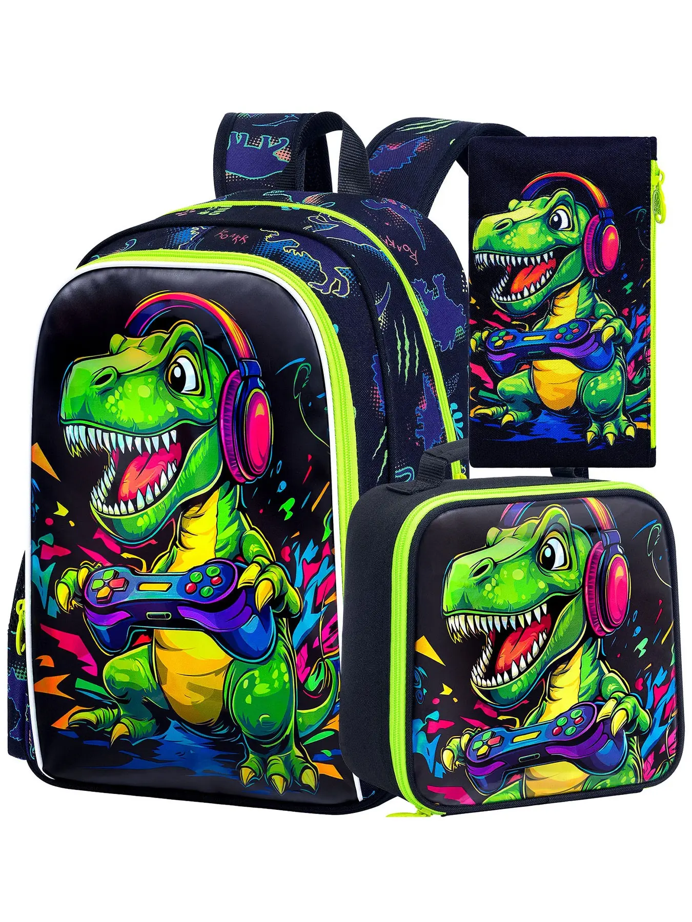 3pcs Dinosaur Gaming Backpack Set | Youth Backpack | Neon Graffiti Style | Insulated Lunch Bag & Pencil Case | Boys Elementary School Backpacks