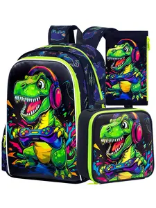 3pcs Dinosaur Gaming Backpack Set | Neon Graffiti Style | Insulated Lunch Bag & Pencil Case | Boys Elementary School