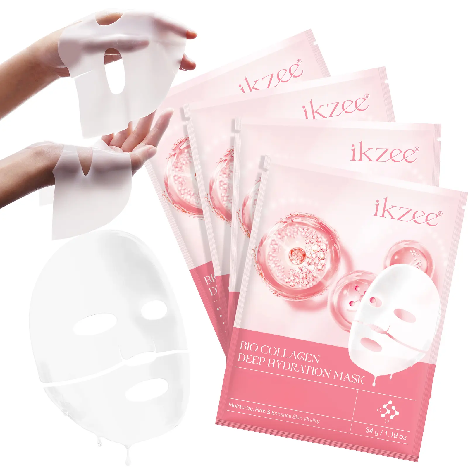 ikzee Bio-Collagen Deep Calming Face Masks Formulated with Premium Ingredients - Moisturizing Hydrogel Sheets for Repairing & Pore Minimizing, 4 x 34g, Hydrating