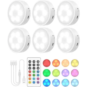 Puck Lights with Remote, 13 RGB Colors LED Under Cabinet Light, Rechargeable Battery Operated Under Cabinet Lighting Tap Lights, Stick on Lights with Dimmer and Timer(6 Pack)