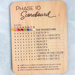 Wooden Phase 10 Scoreboard Set with 8 Colorful Pins, Wooden Board Game, Fun Table Card Games Accessories, Perfect for Party Family Game Night