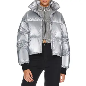 Orolay Shiny Cropped Winter Puffer Jacket for Women, Metallic Quilted Down Coat with Zip-Up Closure and Adjustable Hem for Stylish Warmth Womenswear