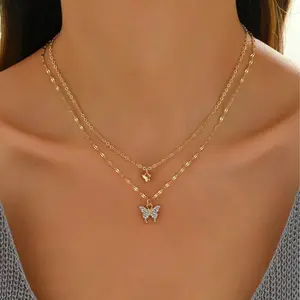 Shiny Double-layer diamond-encrusted butterfly necklace, DDXL0025 collarbone chain, niche design, elegant and simple pendant, 14K gold-plated