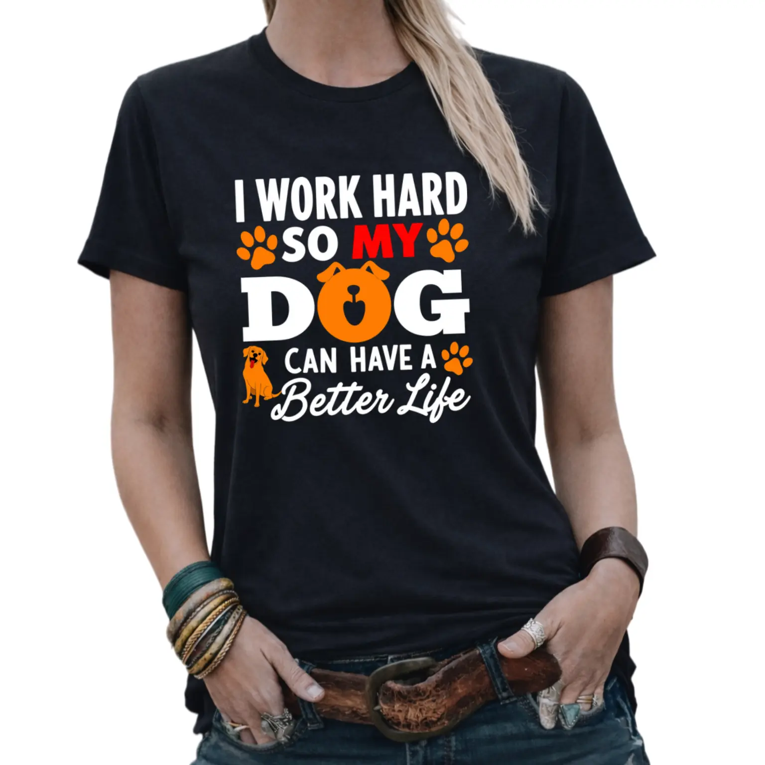 Women's "I Work Hard So My Dog Can Have A Better Life" Dog Lover T-Shirt with Paw Prints & Pug Graphic - 100% Casual Crew Neck Short Sleeve Tee for Pet Owners, Casual Attire