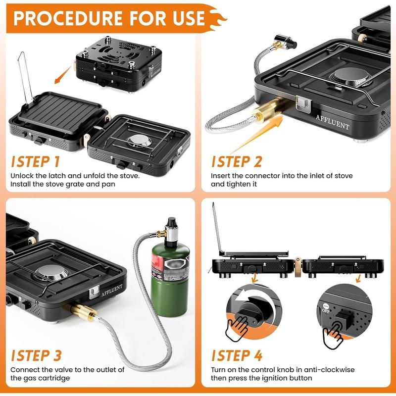 2 Burner Propane Camping Stove with Grill and Bag- A Must - Have Camp Stove Propane! Foldable, Featuring Two Burners Camping Stove for Camping & BBQ(Black)