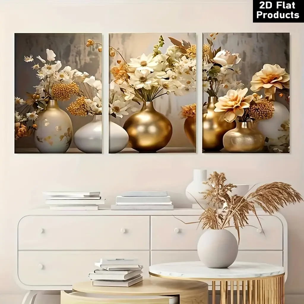 Modern Wooden Frame Abstract Vase & Floral Art Canvas Wall Artwork Print Set, 8x12-24x36 In Sizes, Easy to Hang, UV-Resistant Inks, Premium Canvas, Artistic Gift for Living Room Bedroom Home Decor
