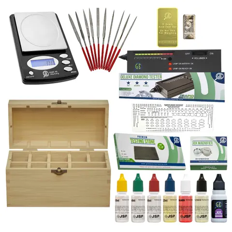 Jewelry Test Kit for Collectors - Accurate Testing Tool with 10K-24K Digital Scale, Diamond & Gemstone Tester Analyzer, Acids & Solutions, Bamboo Box, Instruction Guide, 9V Battery, Complete Testing Range - Choking Hazard Small Parts Warning
