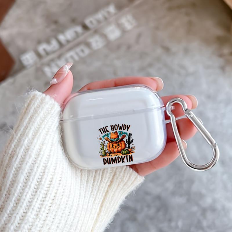 Cowboy Pumpkin Greeting Pattern TPU Soft Protective Case for Apple AirPods 4/3/2/1/Pro/Pro2 Transparent Earphone Cover with Keychain Attachment