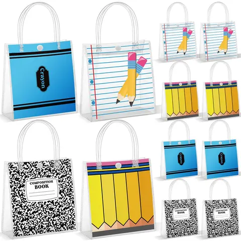 24 Pcs Back to School Goody Bags - PVC Plastic Carry w/ PVC Handles, Office Stationery Gift Packaging for Classroom Theme Party Favors, Teacher Appreciation Supplies, Multiple Styles