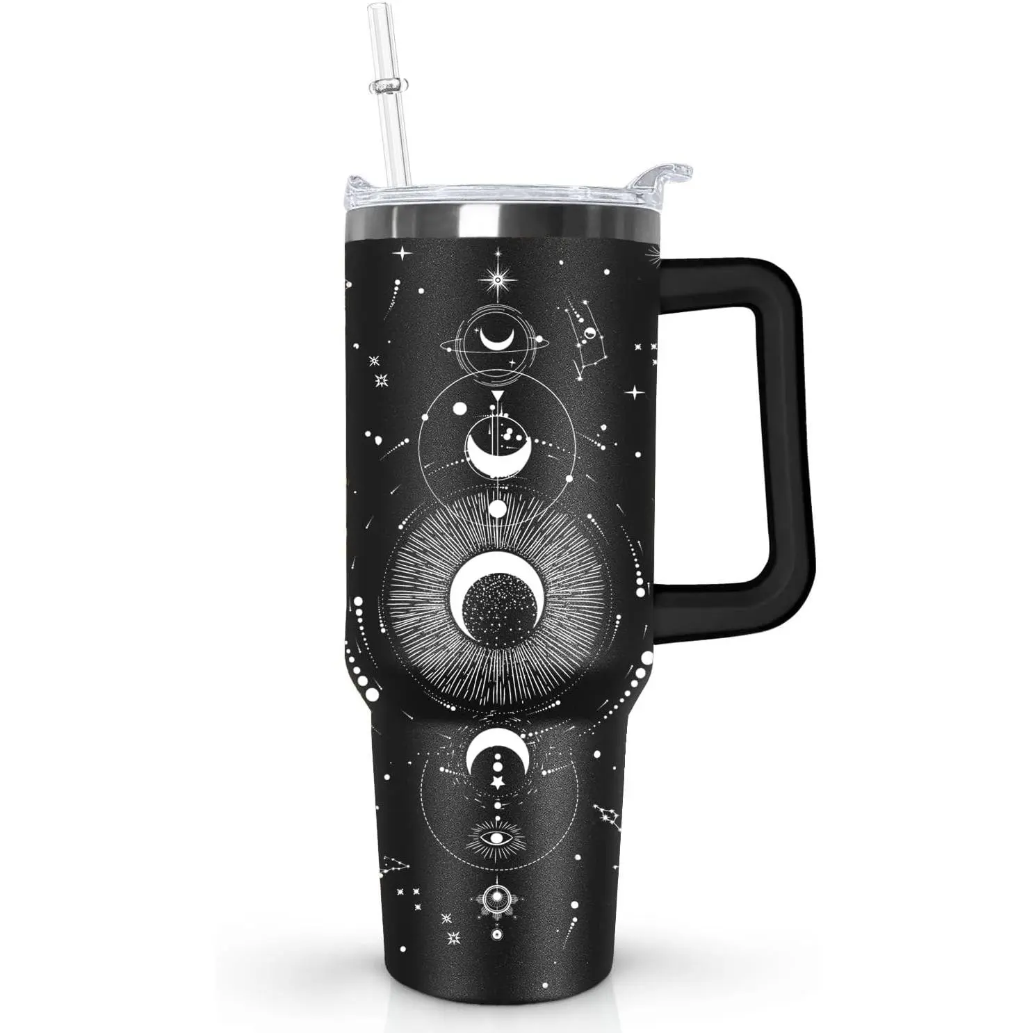 Ceovfoi 40oz Gothic Insulated Skinny Vacuum Flask Tumbler - Classic Printed Water Bottle Mug with Handle, Transparent Lid, Straw, Sun-Moon Witch Print, Halloween Aesthetic Mom Gift, Water Bottles