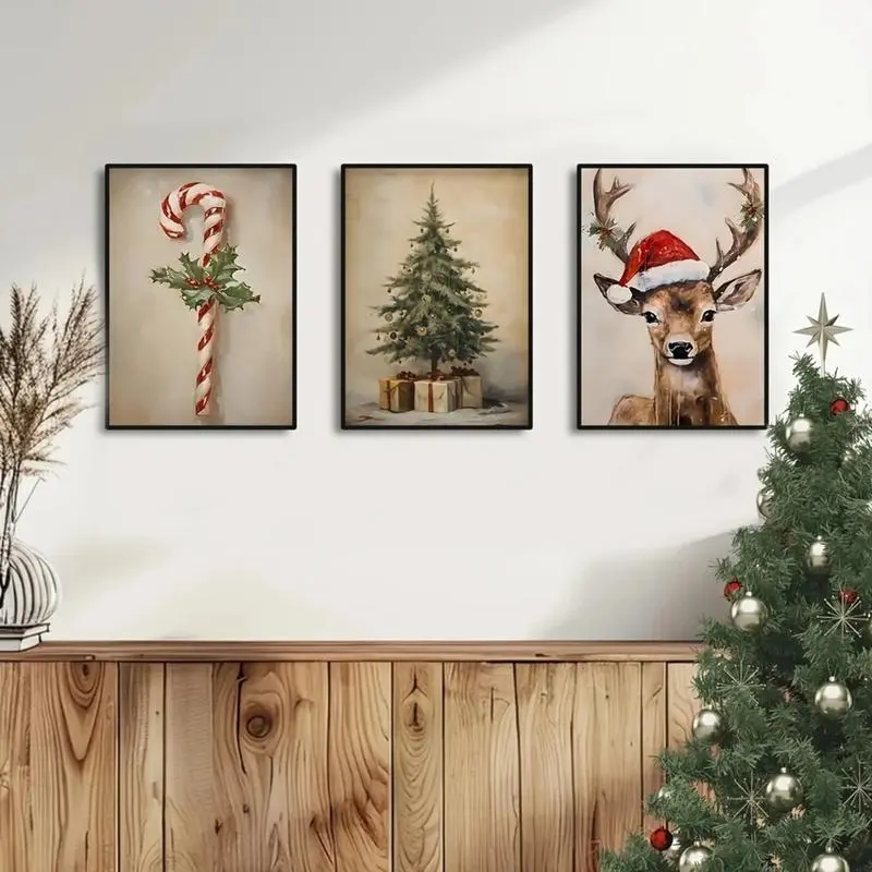 Christmas Trees Reindeer Candy Decor Painting, Rustic Christmas Art, Printable Decor Canvas Wall Art Print Poster For Home School Office Decor