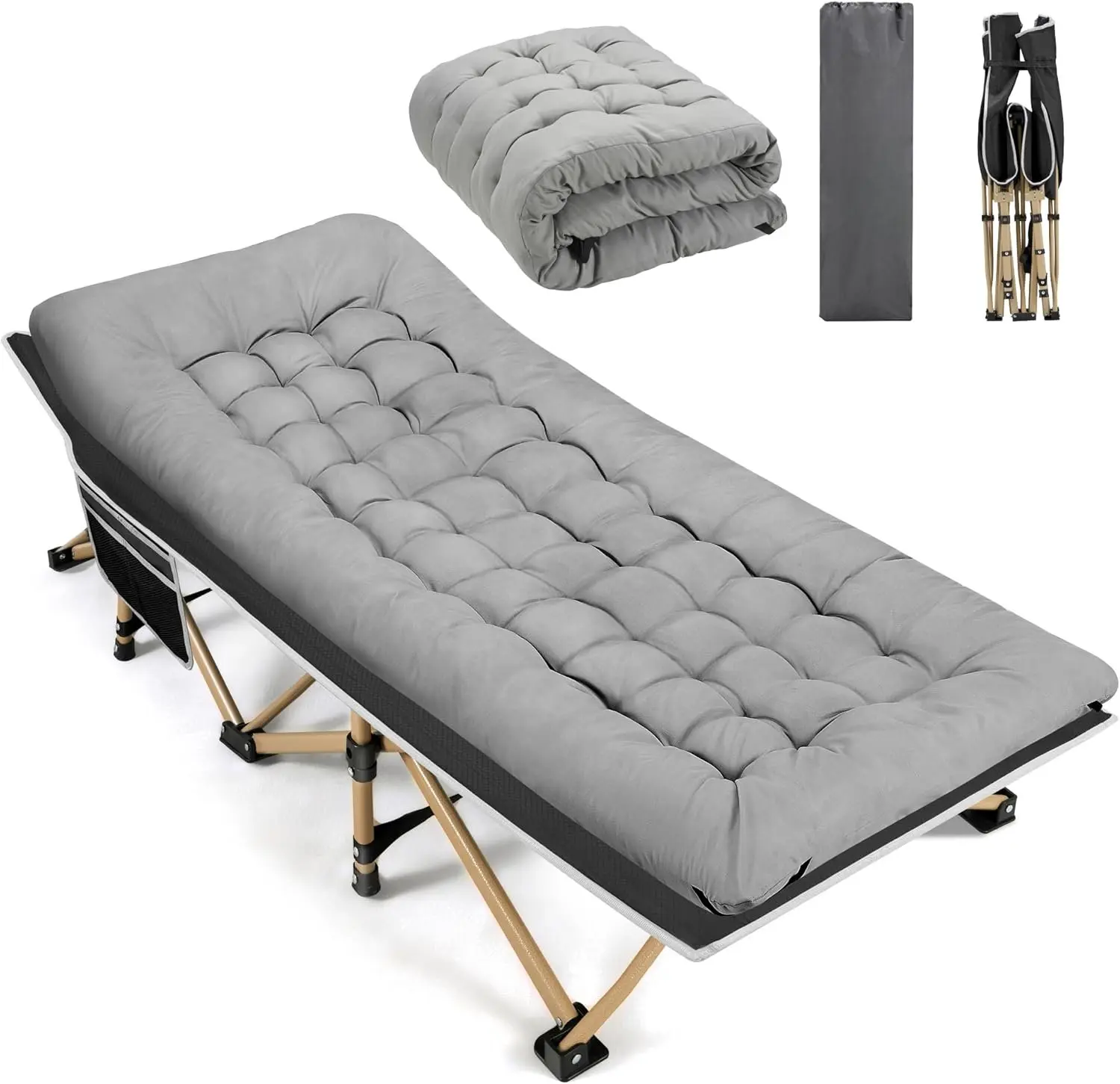 Portable Camping , 600LBS Max Load, Extra Wide with Thick Mattress, Folding  for Outdoor Camping/Office, Home Nap (Grey)