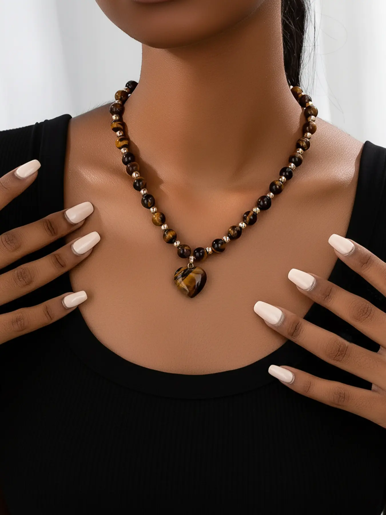 Women's Agate Tiger Eye Heart Necklace, Adjustable Alloy Chain, Natural Stone Jewelry, Relieve Stress, Casual Fashion Accessory, Pendant Design