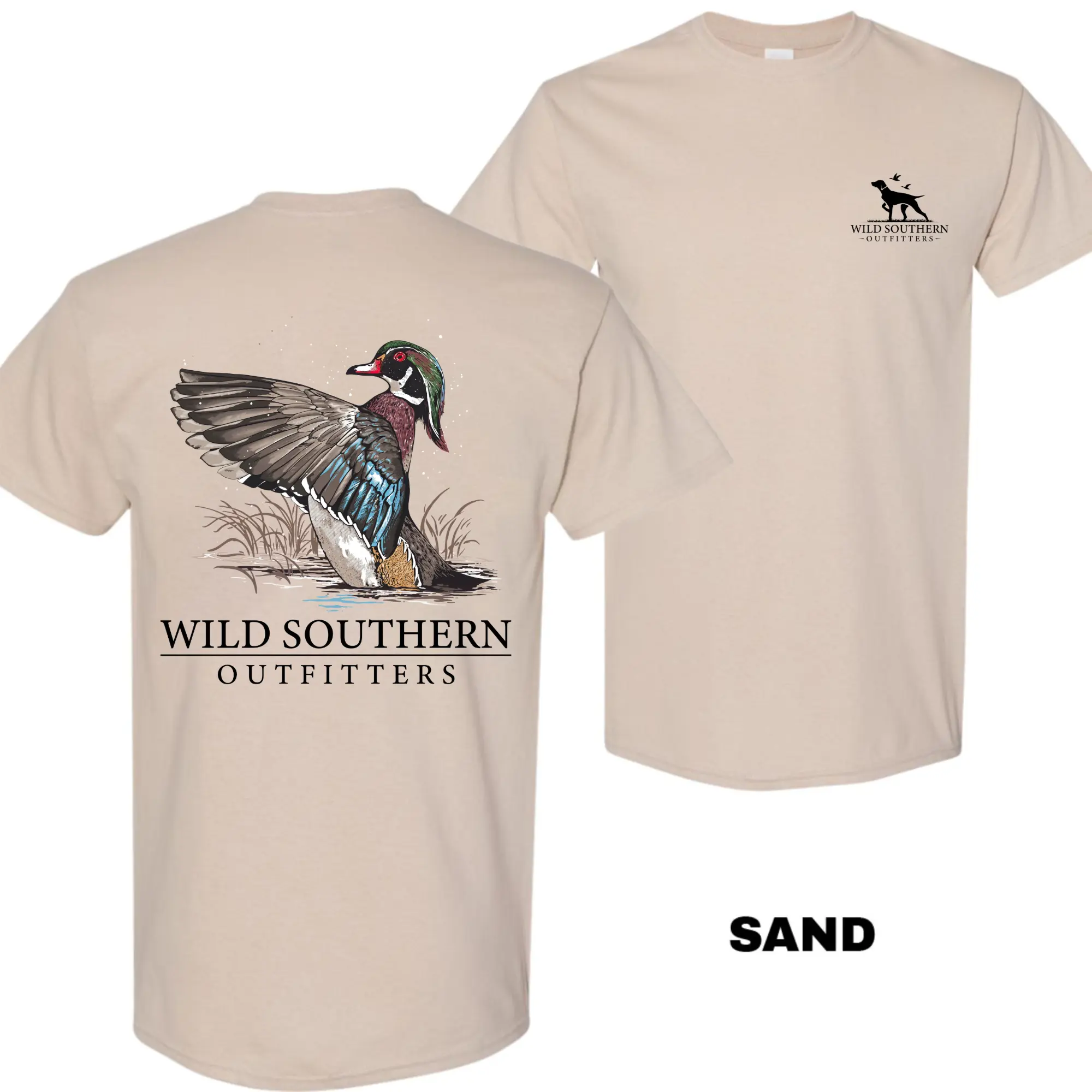 Wild Southern Outfitters Wood Duck T-Shirt, Double-Sided Duck Hunting Graphic Tee, Outdoor Casual Shirt for Men and Women, Menswear Top