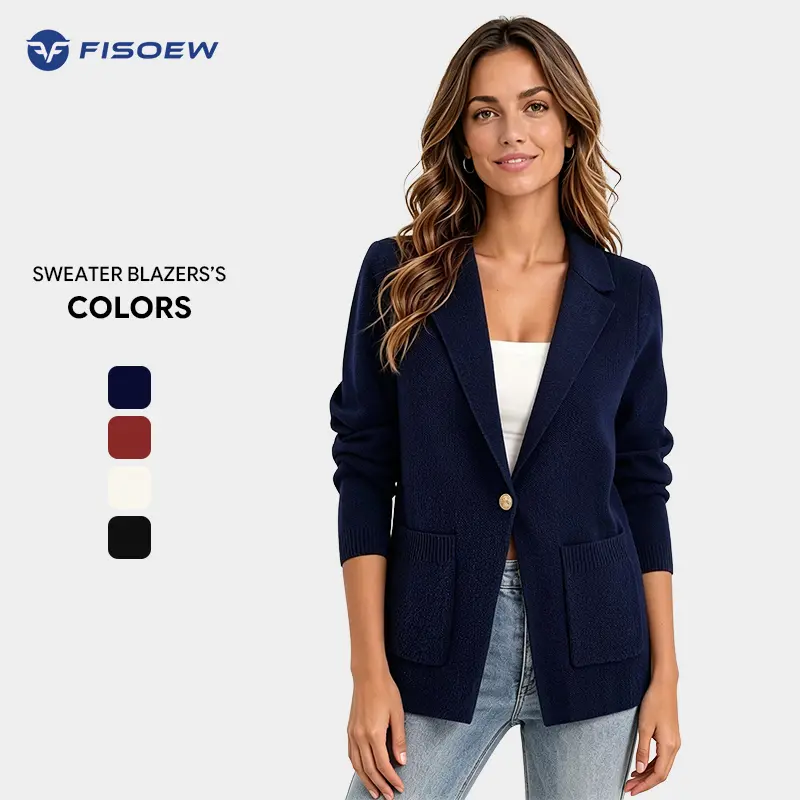 FISOEW Lady's Slim Fit Long Sleeve Knit Sweater Blazer Jacket - Soft Polyester-Viscose Fabric, Open-Front, Chic Style, Functional Pockets, Durable, Casual & Office Work Clothes