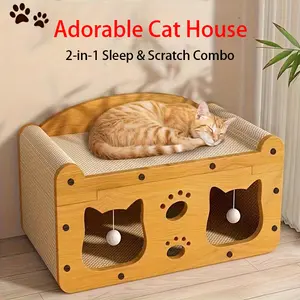Multi-functional cat house & scratching pad set. Includes a wooden bed with scratching function. Durable double-decker   for spacious indoor areas. Offers cool cat supplies, cozy cat bed, scratching board, indoor accessories, toys, and more. outdoor