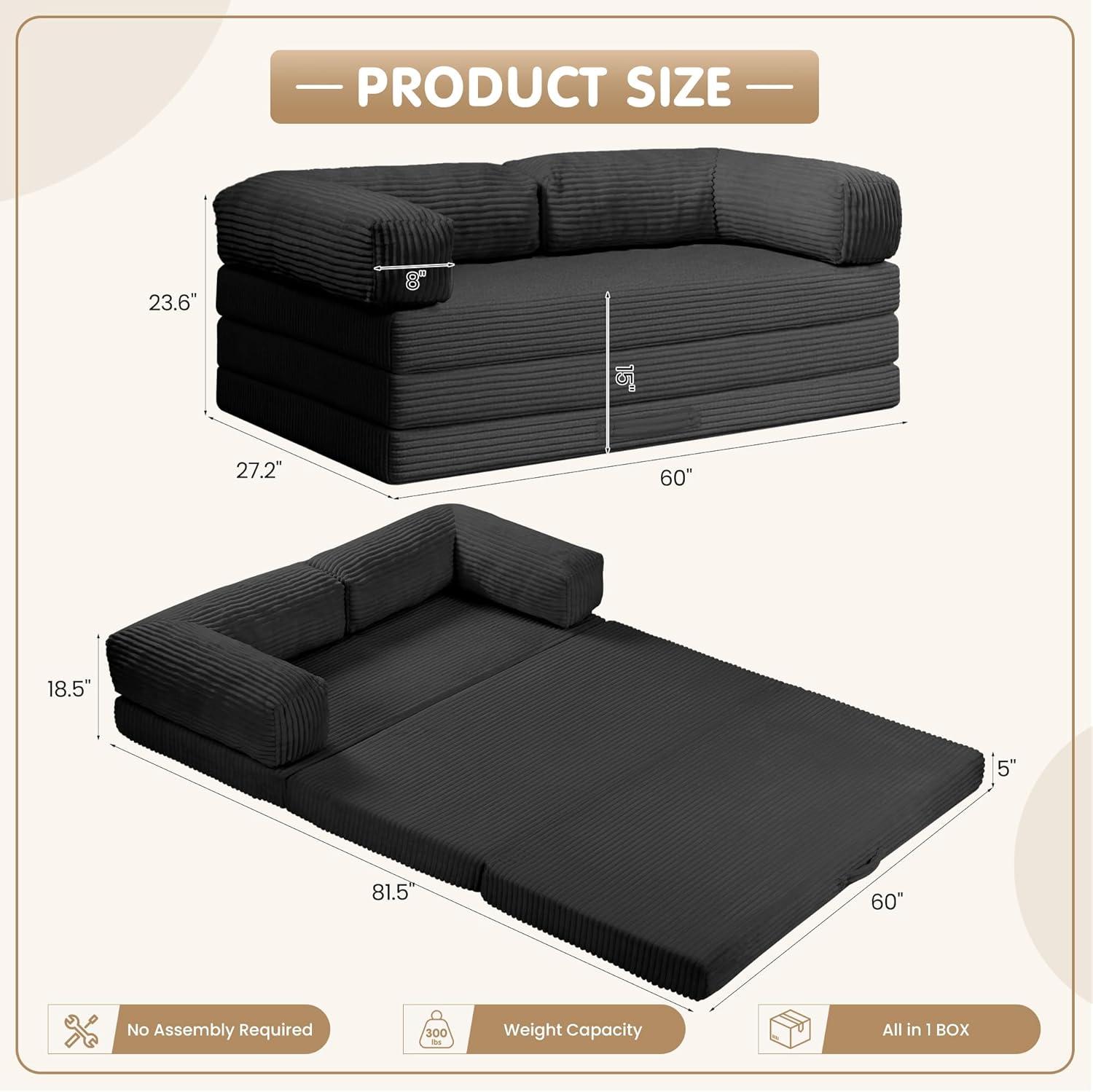 Winzoo 5-in-1 Convertible Sofa Bed,Boneless Couch Tri Folding Floor Mattress with Removable L-Shaped Armrests & Handle,Corduroy Futon Couch Sleeper with Pull Out Bed for Living Room Bedroom Apartment
