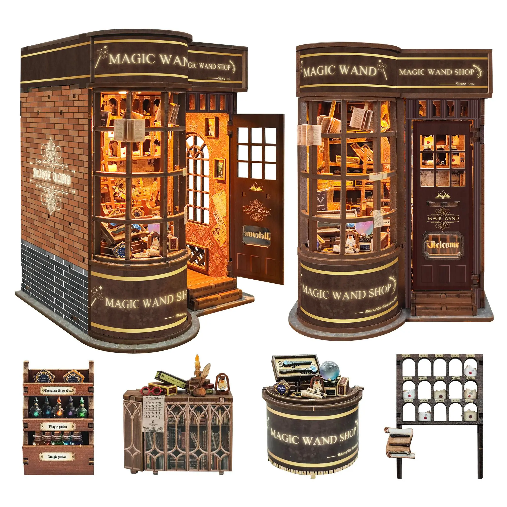 Vintage Wooden Wizard Theme 3D Puzzle Book Nook Kit - DIY STEM Craft Bookend, Wooden Mechanical Diorama Kit with Warm LED Lights, Magic Wand Shop Collectibles, House Decoration Fun Gifts for Ages 12+ Fantasy Book Lovers Handicraft Diy Kits Handmade Gifts