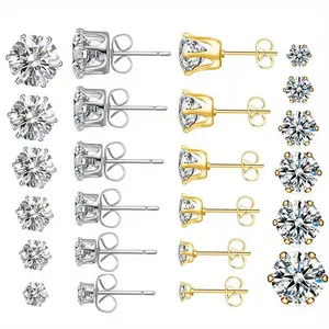 12Pairs Classic Women/Men Earrings Set Golden/Silvery Exquisite Shiny Cubic Zirconia Ear Stud Vintage Stainless Steel Sparkling Zirconia Earrings Vacation Beach Jewelry Party Fashion Accessory