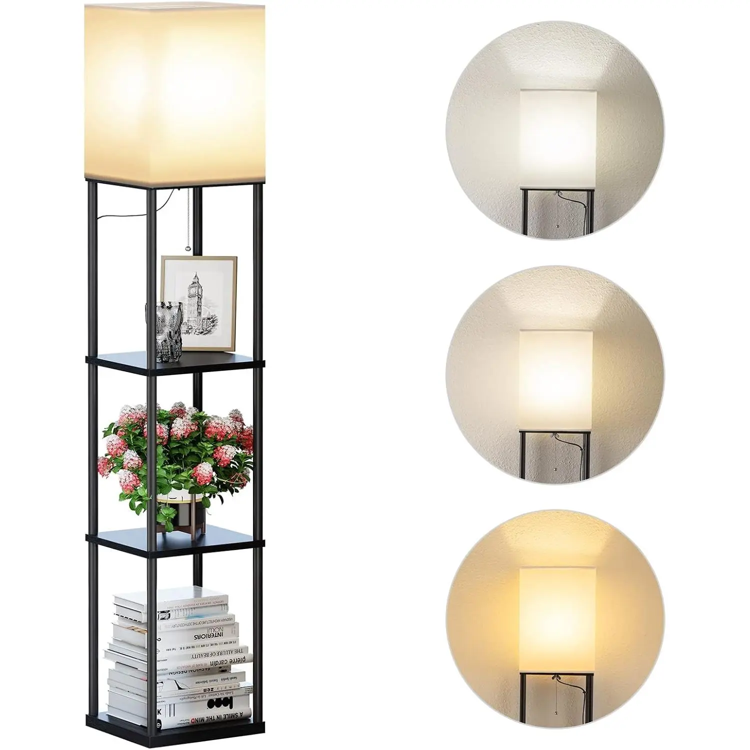 Floor Lamp with Shelves, Modern Square Standing Lamp with 3 Color Temperature Bulb, Corner Display Bookshelf Lamp for Living Room and Bedroom(Black)