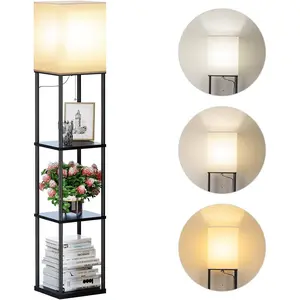 Floor Lamp with Shelves, Modern Square Standing Lamp with 3 Color Temperature Bulb, Corner Display Bookshelf Lamp for Living Room and Bedroom(Black)