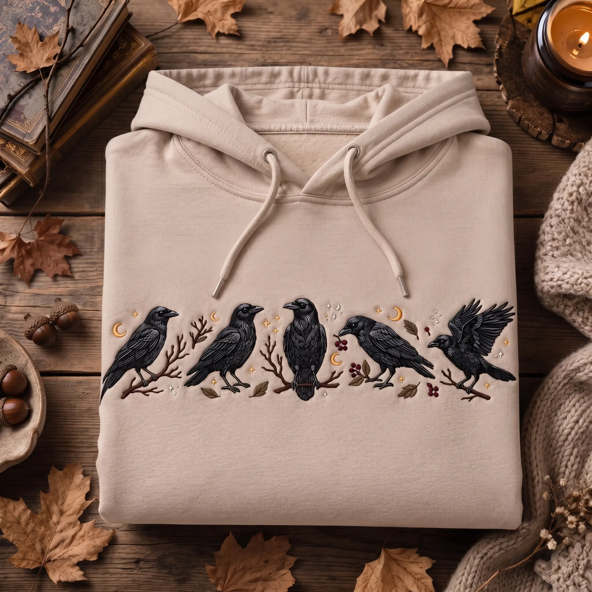 Crow Bird Embroidered Hoodie, Fall Harvest Hoodie, Flying Crow Vibes Gift Crewneck, Autumn Gift, Autumn Lover Hoodie