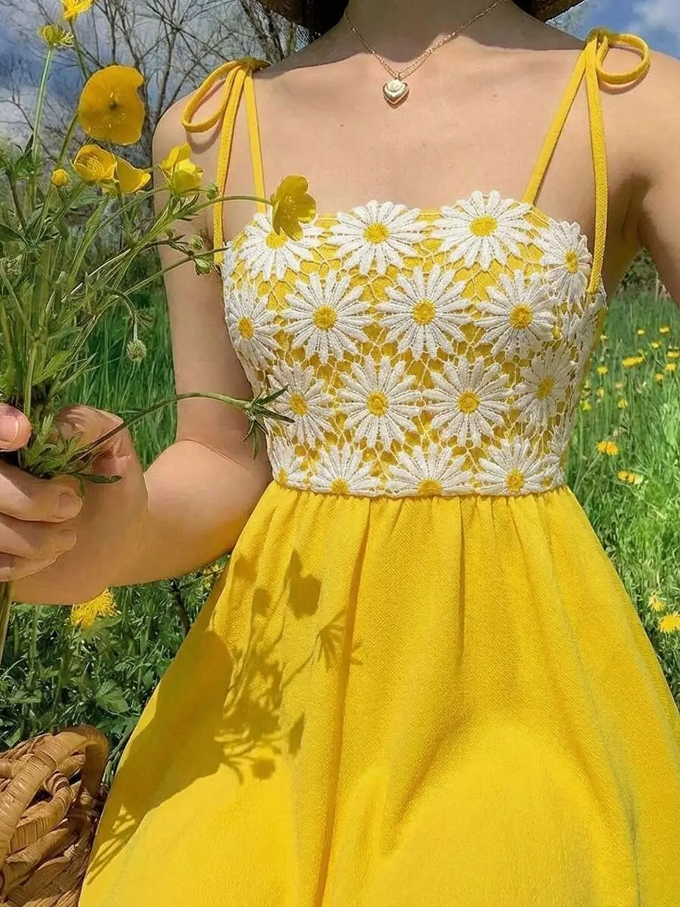 Daisy Crochet Lace Patchwork Mini Dress, Boho Spaghetti Strap Summer Dress
